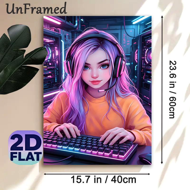 Anime Gamer Girl Painting Poster, Vibrant Neon-lit Anime Style Poster, Eye-catching Gaming-themed Decor Suitable For Gaming Room, Bedroom_maomaolike.com
