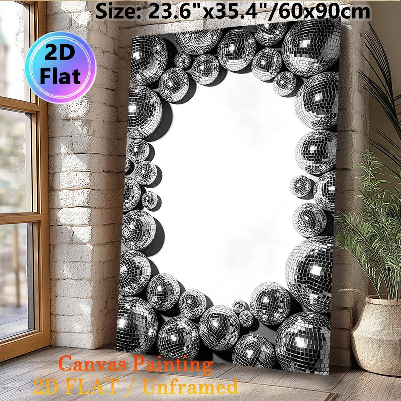 Disco Ball Painting Poster, Monochrome Glossy Mirrored Disco Balls Framed Poster, Brings Retro Party Vibe, Suitable For Living Room, Home Bar And_maomaolike.com