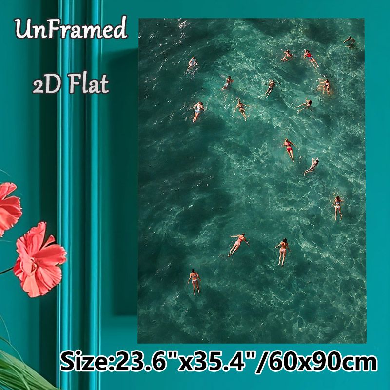 Aerial Swimming Scene Painting Poster, Vibrant Artistic Overhead View Of People Swimming In Turquoise Waters Poster, Captures Lively Summer Leisure_maomaolike.com