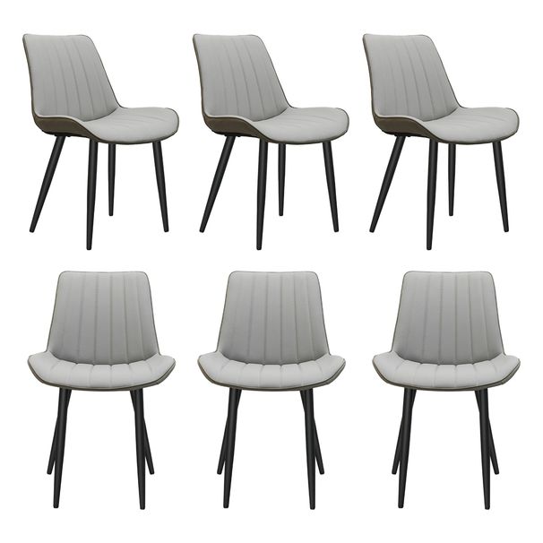 Light Grey & Dark Grey PU Leather Dining Chair With Metal Legs, Wave Pattern Upholstered Armless Chair Set Of 6 For Kitchen, Restaurant, Living, Meeting Room_maomaolike.com