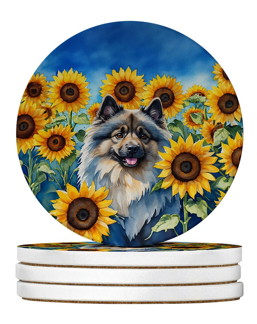 Keeshond In Sunflowers Large Sandstone Coasters Pack Of 4 Absorbent Round Coasters Decor Gifts For Men Or Women, 4 In, Multicolor_maomaolike.com