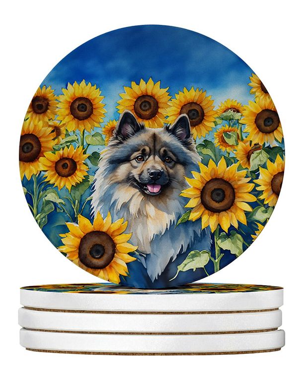 Keeshond In Sunflowers Large Sandstone Coasters Pack Of 4 Absorbent Round Coasters Decor Gifts For Men Or Women, 4 In, Multicolor_maomaolike.com