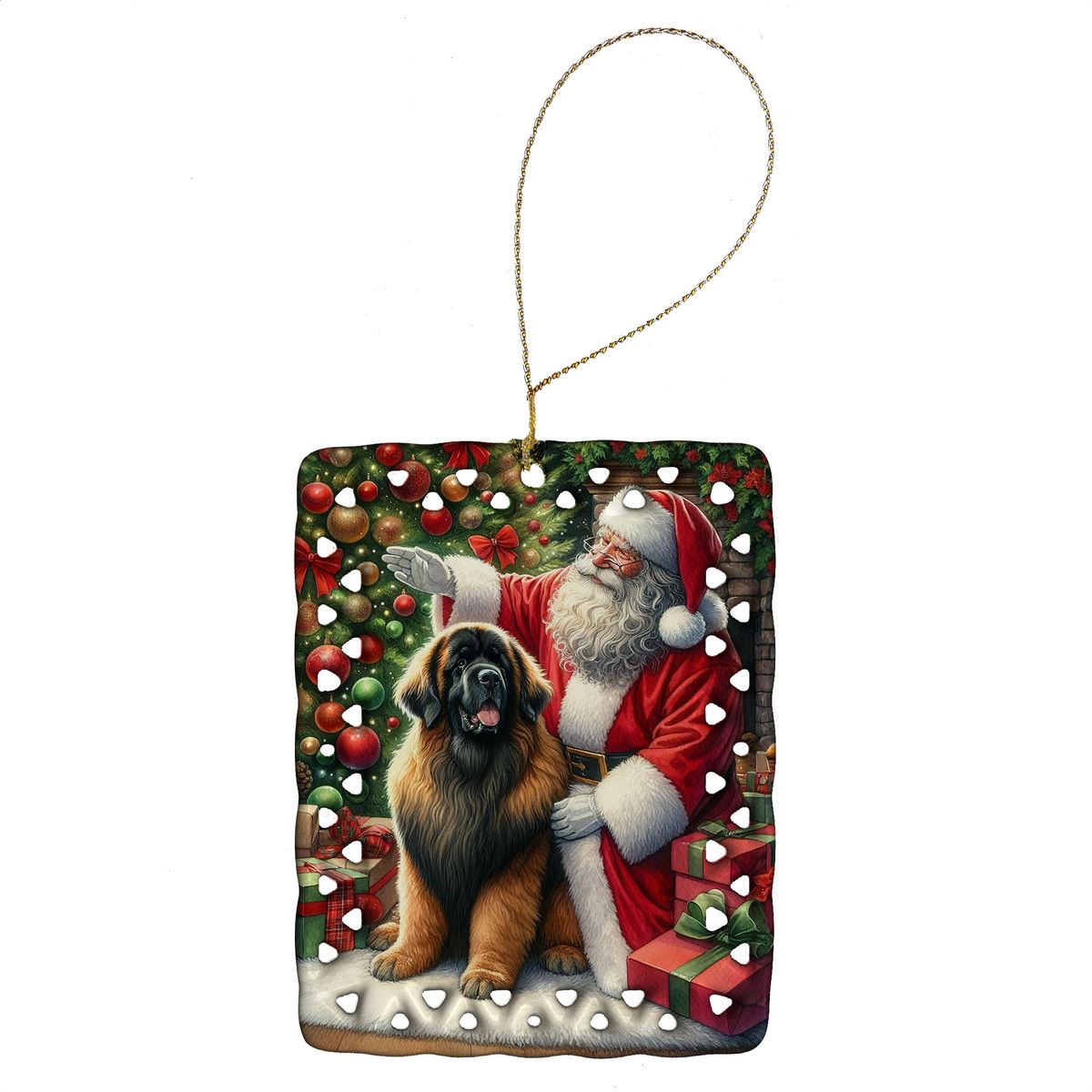 Leonberger And Santa Claus Porcelain Ornament Christmas Tree Hanging Decorations For Home Christmas Holiday, Rectangle, Gift, Multicolor_maomaolike.com