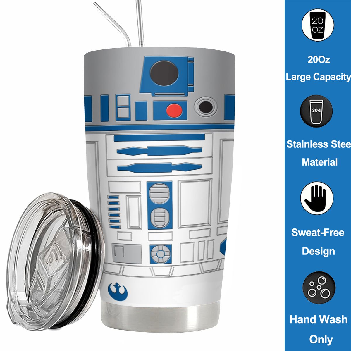 20Oz R2-D2 Robot Print Stainless Steel Vacuum Double Walled Insulated Tumbler With Straw And Lid Keep Cold Hot Drink Car_maomaolike.com