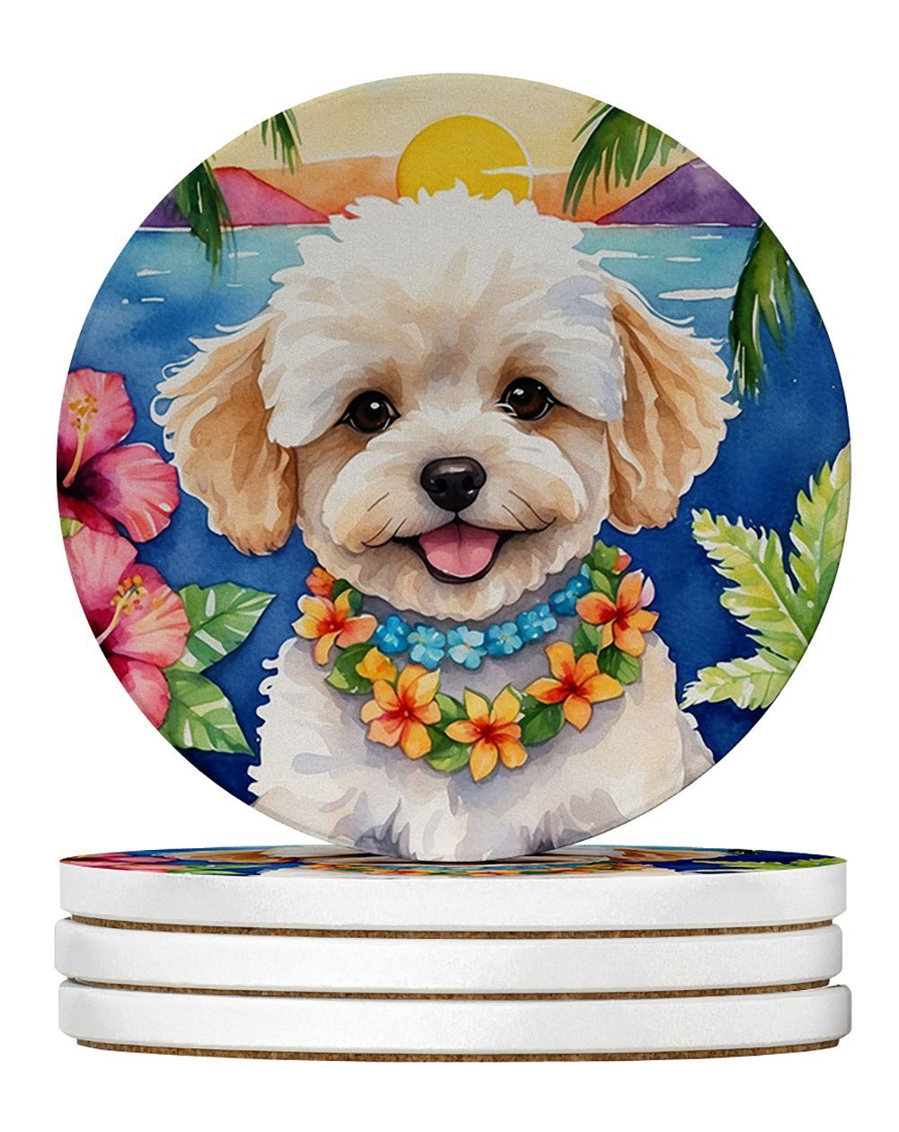 Maltipoo Luau Large Sandstone Coasters Pack Of 4 Absorbent Round Coasters Decor Gifts For Men Or Women, 4 In, Multicolor_maomaolike.com