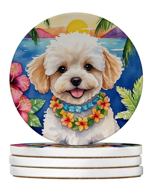 Maltipoo Luau Large Sandstone Coasters Pack Of 4 Absorbent Round Coasters Decor Gifts For Men Or Women, 4 In, Multicolor_maomaolike.com