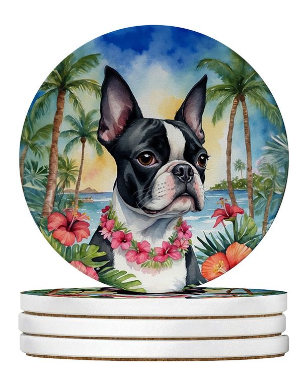Boston Terrier Luau Large Sandstone Coasters Pack Of 4 Absorbent Round Coasters Decor Gifts For Men Or Women, 4 In, Multicolor_maomaolike.com