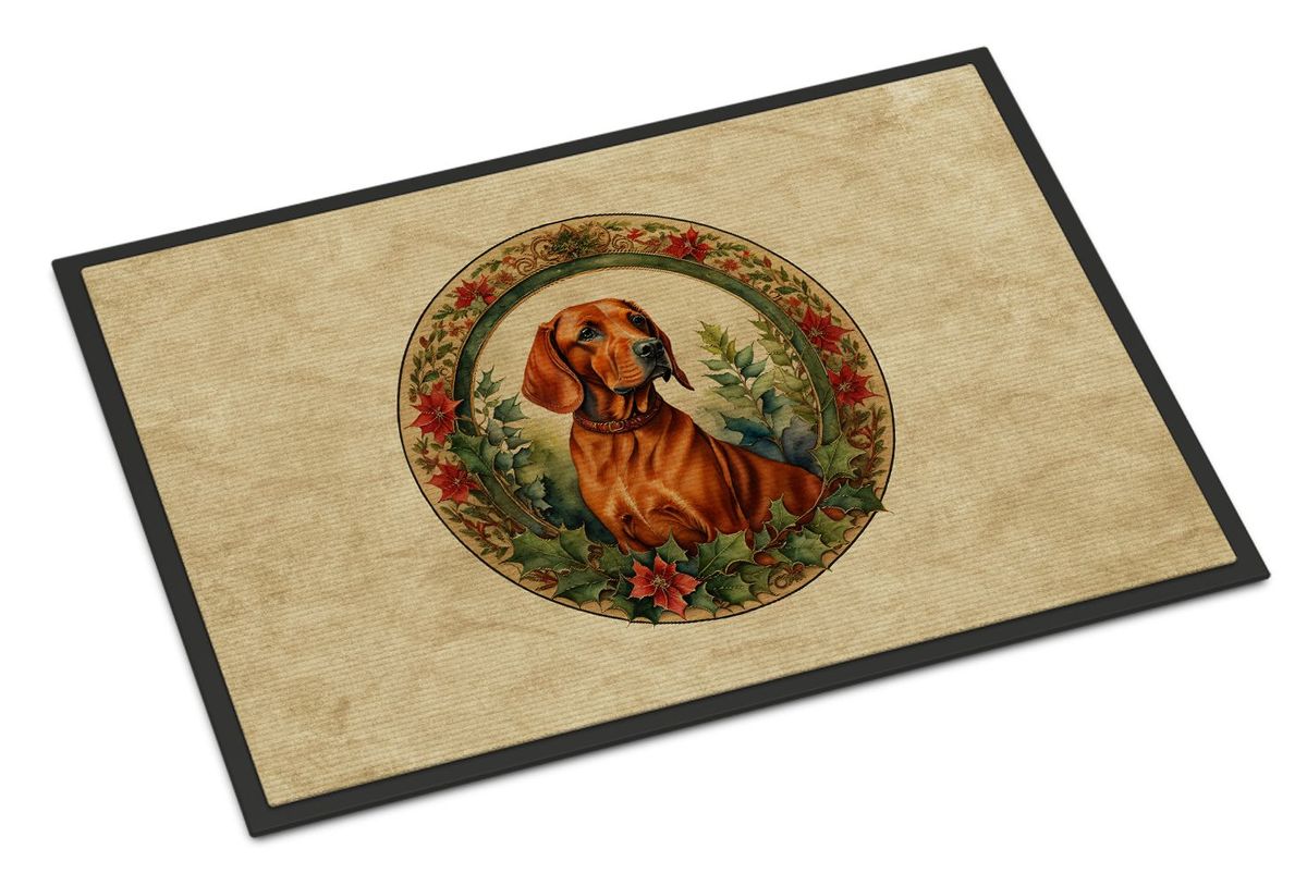 Red Redbone Coonhound Christmas Flowers Doormat Front Door Mat Indoor Outdoor Rugs For Entryway, Non Slip Washable Low Pile, 24H X 36W_maomaolike.com