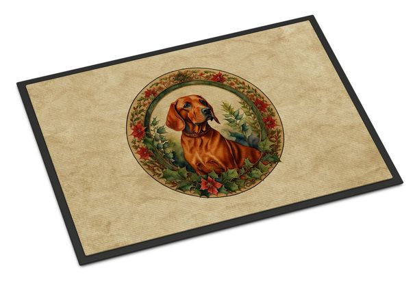 Red Redbone Coonhound Christmas Flowers Doormat Front Door Mat Indoor Outdoor Rugs For Entryway, Non Slip Washable Low Pile, 24H X 36W_maomaolike.com