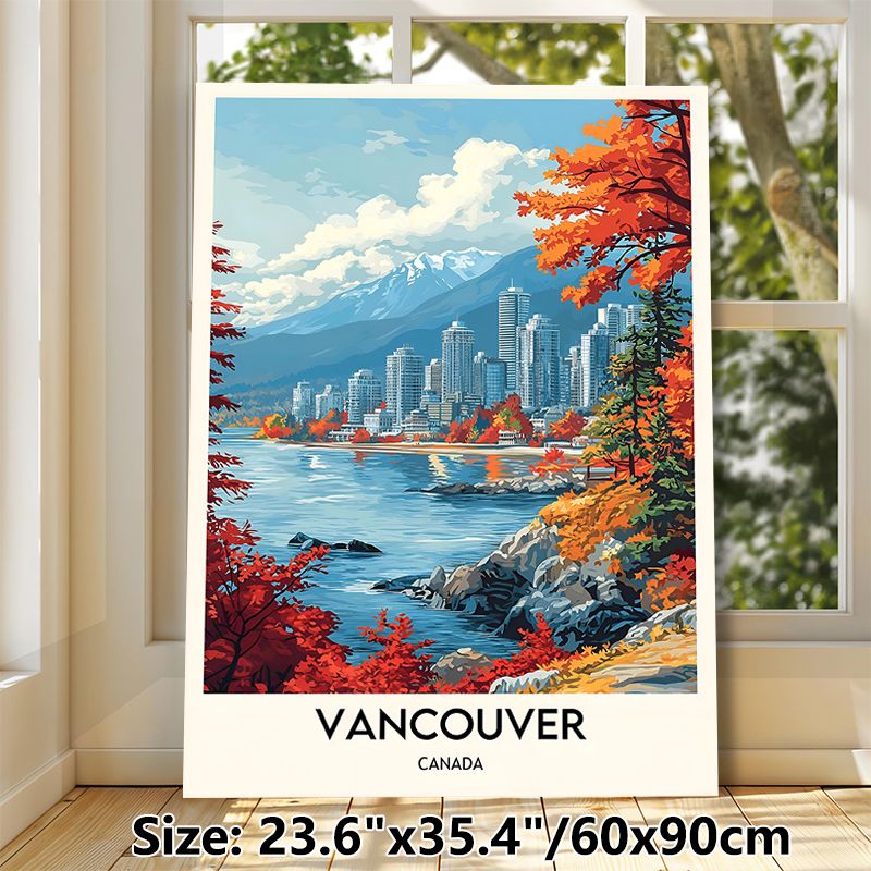 Vancouver Canada Cityscape Painting Poster, Vibrant Retro Travel Style Poster, Scenic Coastal Urban Scene With Fall Foliage & Snow-capped Mountains_maomaolike.com