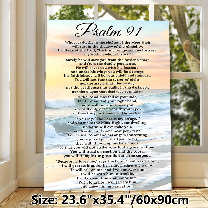 Psalm 91 Scripture Painting Poster, Soft Sunset Beach Wave Scene Poster, Inspirational Religious Verse Decor Suitable For Home, Prayer Room_maomaolike.com