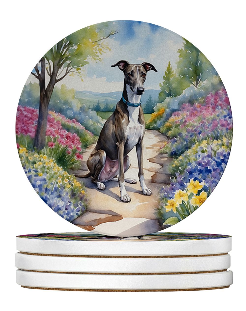 Greyhound Spring Path Large Sandstone Coasters Pack Of 4 Absorbent Round Coasters Decor Gifts For Men Or Women, 4 In, Multicolor_maomaolike.com