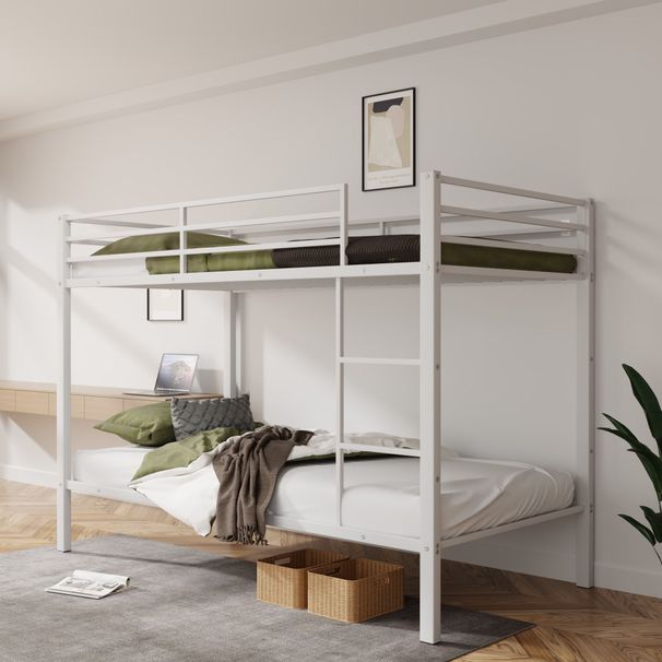 Metal Bunk Bed Twin Over Twin, Low Profile Bunk Bed Frame WithBuilt-in Ladder, High Guardrail And Metal Slats, Space-Saving Twin Size Bed Frame For Kids Teens, No Box Spring Required, White_maomaolike.com