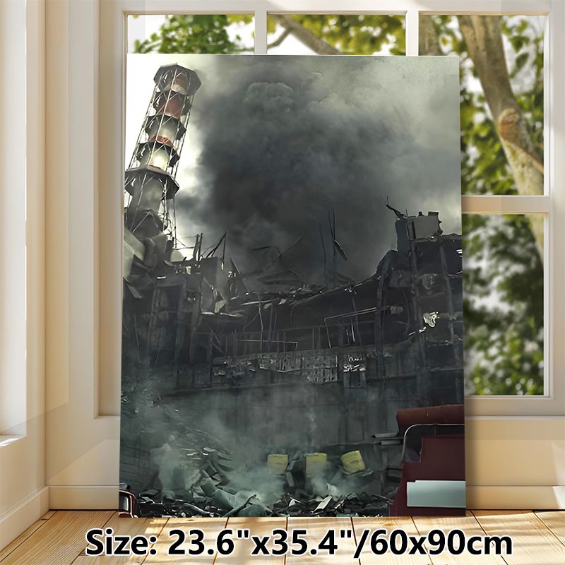 Industrial Ruin Painting Poster, Gloomy Dark-toned Wrecked Factory Scene Poster, Desolate Atmospheric Decor Ideal For Home Studio, Gaming Space_maomaolike.com