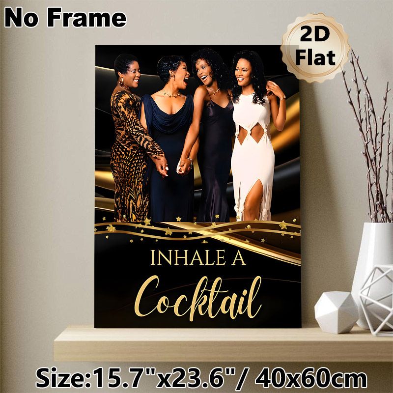 Glamorous "Inhale A Cocktail" Female Gathering Painting Poster, Elegant Golden & Black Glam Scene Poster, Stylish Lively Design Ideal For Bar, Living_maomaolike.com