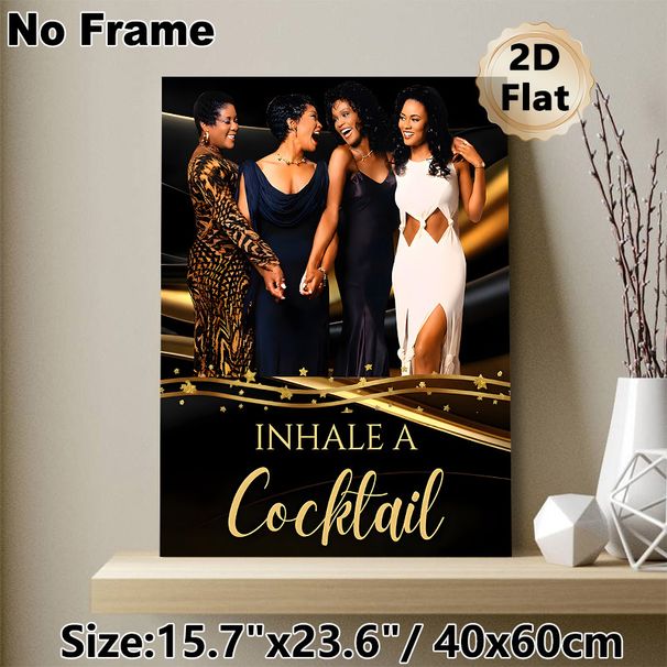 Glamorous "Inhale A Cocktail" Female Gathering Painting Poster, Elegant Golden & Black Glam Scene Poster, Stylish Lively Design Ideal For Bar, Living_maomaolike.com