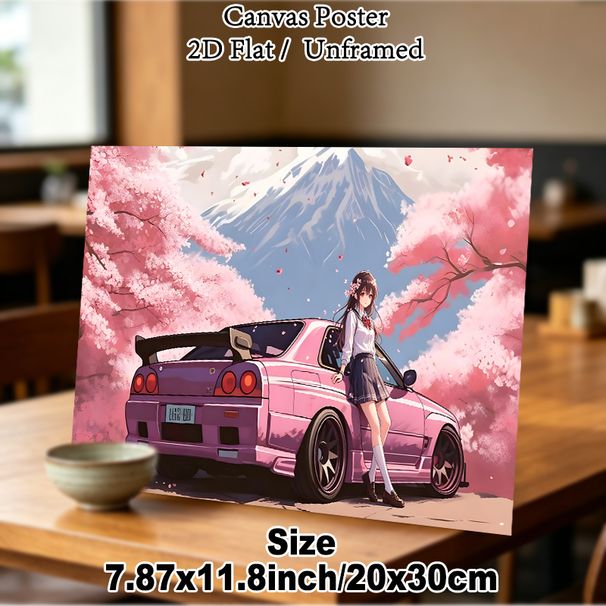 Anime Girl & Pink JDM Car With Cherry Blossom & Mount Fuji Painting Poster, Soft-toned Japanese Anime Style Poster, Charming Scenic Artwork For_maomaolike.com