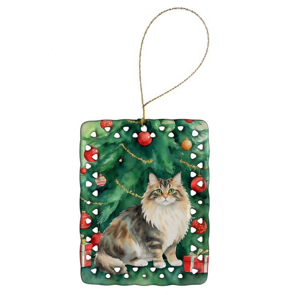 Cymric Cat By The Christmas Tree Porcelain Ornament Christmas Tree Hanging Decorations For Home Christmas Holiday, Rectangle, Gift, Multicolor_maomaolike.com