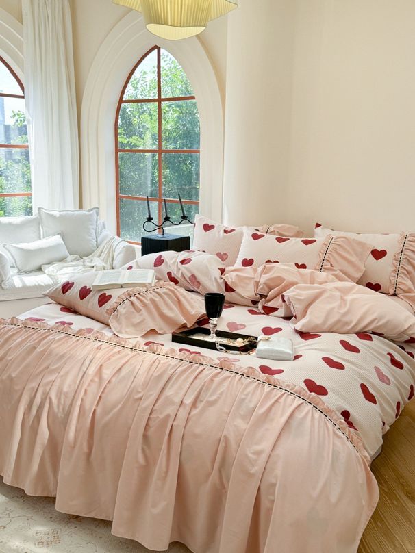 French All-Cotton Brushed Heart Bedding For Girls, Pure Cotton Edge Duvet Cover, Princess Style Bed Sheet Set_maomaolike.com