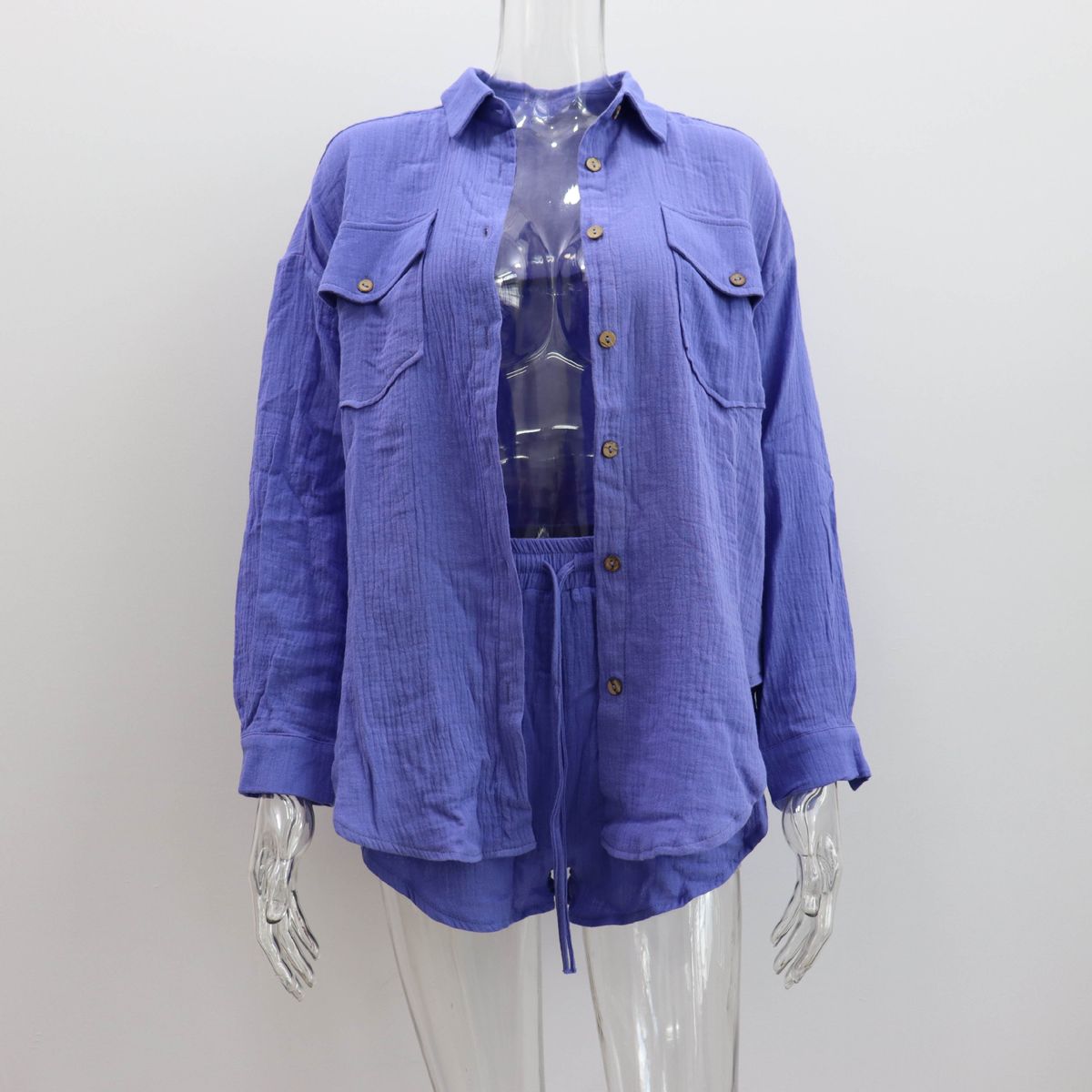 Women's Clothing new arrival lapel loose shirt high waist shorts two piece fashion casual suit_maomaolike.com
