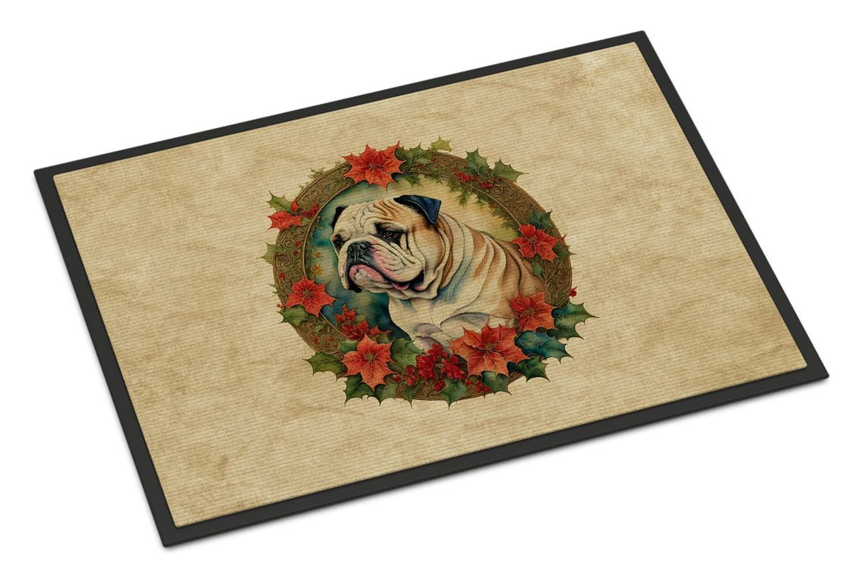 English Bulldog Christmas Flowers Doormat Front Door Mat Indoor Outdoor Rugs For Entryway, Non Slip Washable Low Pile, 24H X 36W_maomaolike.com