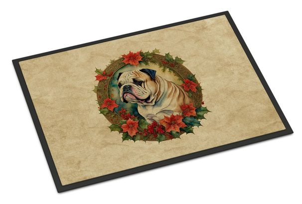 English Bulldog Christmas Flowers Doormat Front Door Mat Indoor Outdoor Rugs For Entryway, Non Slip Washable Low Pile, 24H X 36W_maomaolike.com