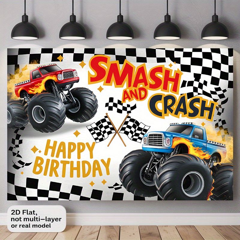 Monster Truck Birthday Party Banner - 2D Flat Polyester Backdrop With Checkered Flag Design, Wall Hanging Photo Props, Party Decor_maomaolike.com