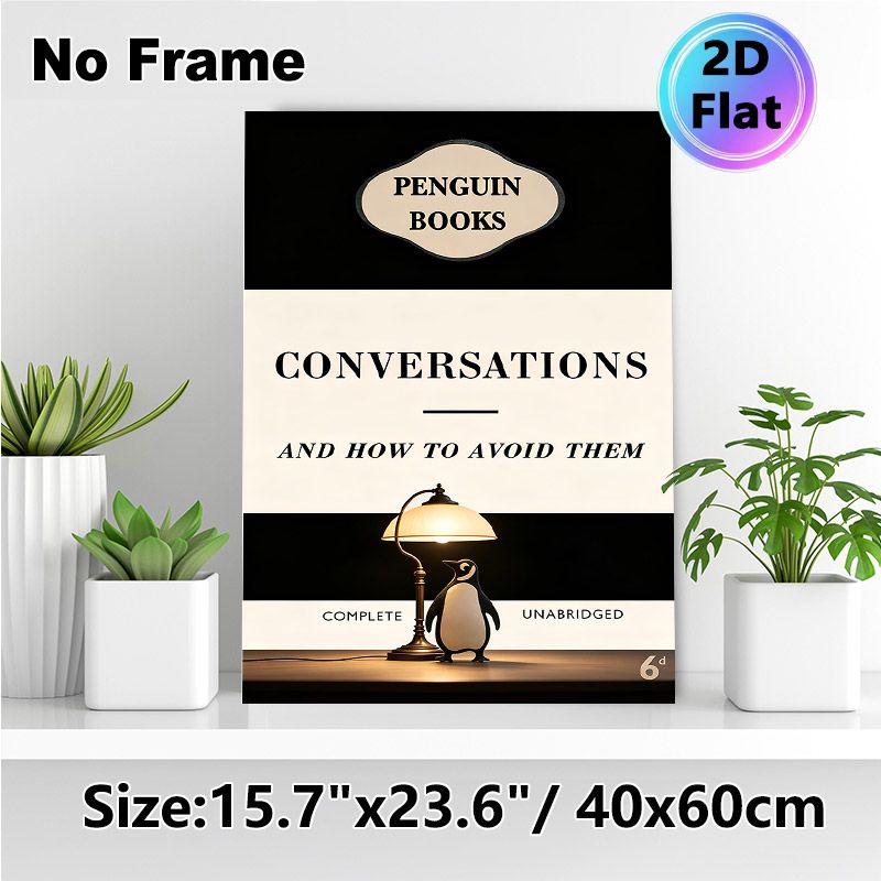 Literary Penguin & Desk Lamp Painting Poster, Vintage Black & Cream Typographic Poster, Stylish Book-inspired Decor Ideal For Home Office, Reading_maomaolike.com