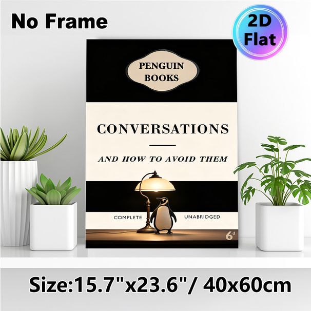 Literary Penguin & Desk Lamp Painting Poster, Vintage Black & Cream Typographic Poster, Stylish Book-inspired Decor Ideal For Home Office, Reading_maomaolike.com