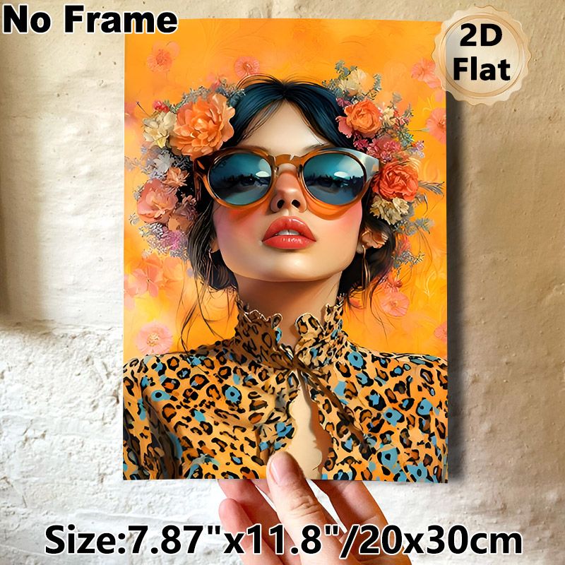 Floral Fashion Lady Painting Poster, Vibrant Artistic Portrait Poster, Eye-catching Chic Decor Featuring Lady With Floral Crown & Sunglasses, Ideal_maomaolike.com