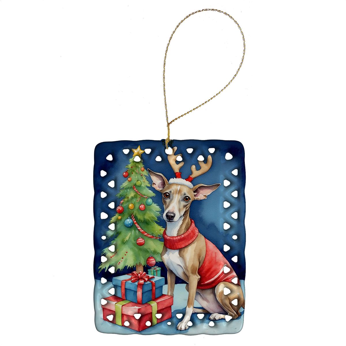 Italian Greyhound Christmas Reindeer Porcelain Ornament Christmas Tree Hanging Decorations For Home Christmas Holiday, Rectangle, Gift, Multicolor_maomaolike.com