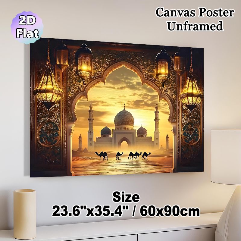 Islamic Mosque & Desert Camel Caravan Painting Poster, Warm-hued Traditional Oriental Scenery Poster, Serene Cultural Decor Ideal For Living Room_maomaolike.com