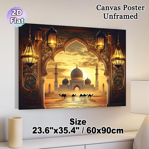 Islamic Mosque & Desert Camel Caravan Painting Poster, Warm-hued Traditional Oriental Scenery Poster, Serene Cultural Decor Ideal For Living Room_maomaolike.com