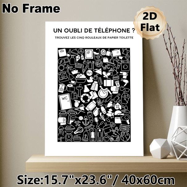 Hidden Toilet Paper Roll Game Painting Poster, Monochrome Minimalist Illustration Poster, Interactive Visual Puzzle, Ideal For Bathroom Decor_maomaolike.com