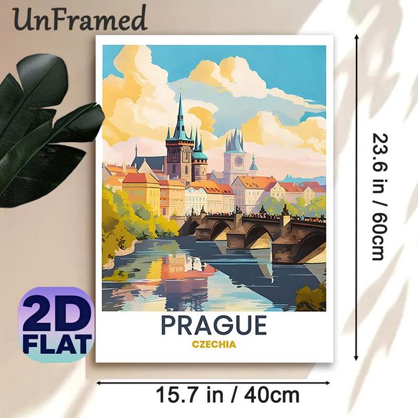 Prague Cityscape Painting Poster, Warm-toned Stylized Historic Riverside Scene Poster, Charming European Urban View Ideal For Living Room, Office Wall_maomaolike.com