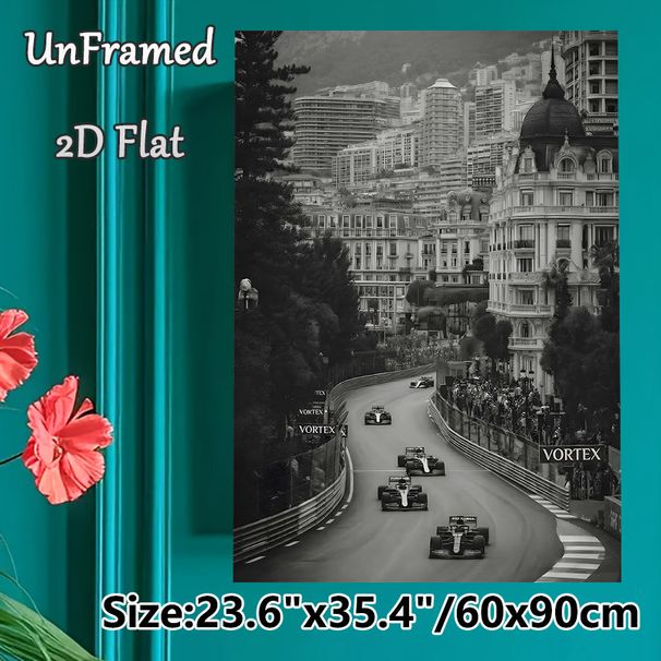 Formula 1 Racing Themed Painting Poster, Vintage Monochrome Urban Race Track Scene Poster, Dynamic Racing Action Display Ideal For Man Cave, Living_maomaolike.com