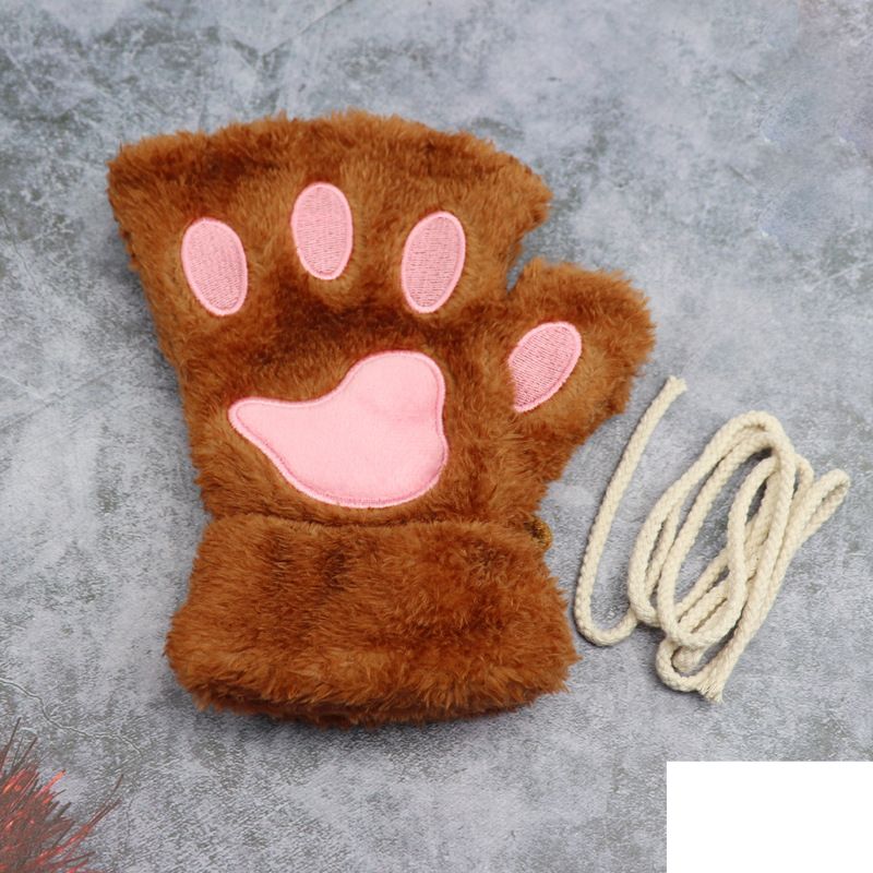 Christmas sock Cat paw gloves Girls fingerless gloves Winter cute cartoon cat thick fuzzy bear paw half finger gloves_maomaolike.com