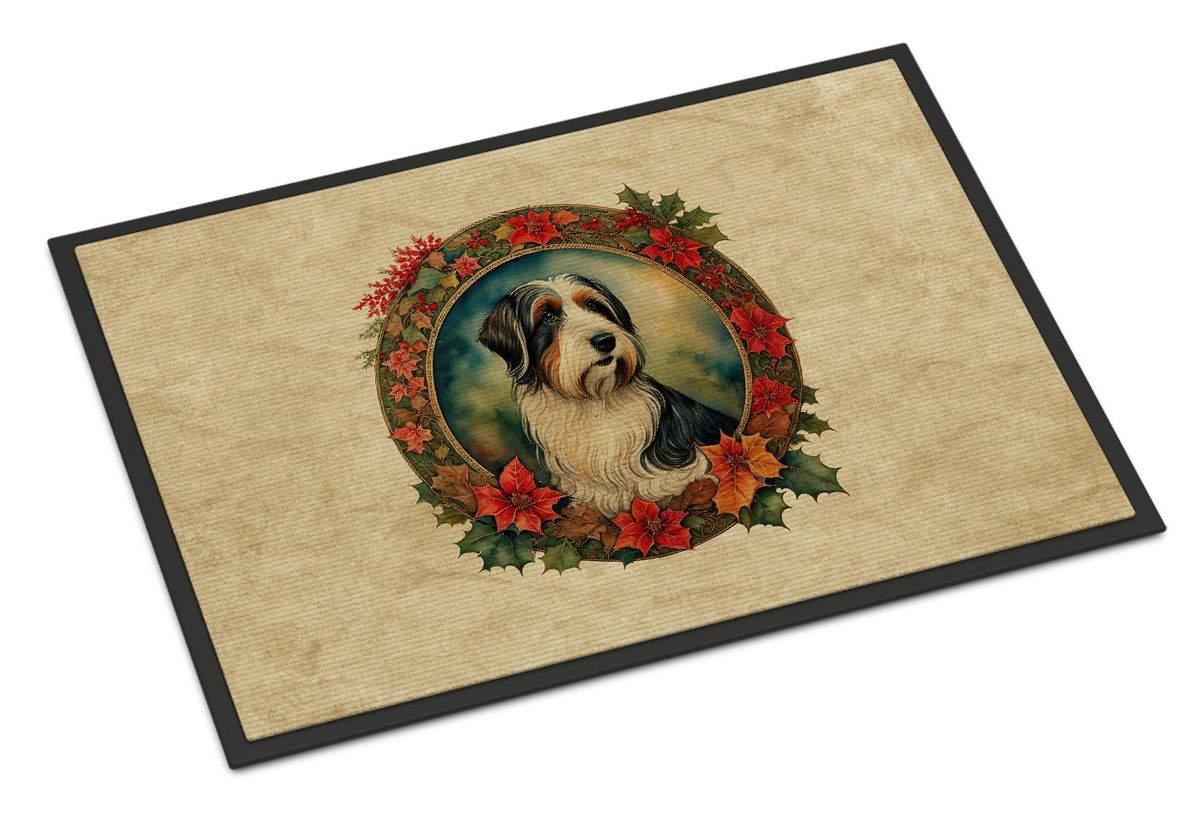 Bearded Collie Christmas Flowers Doormat Front Door Mat Indoor Outdoor Rugs For Entryway, Non Slip Washable Low Pile, 24H X 36W_maomaolike.com