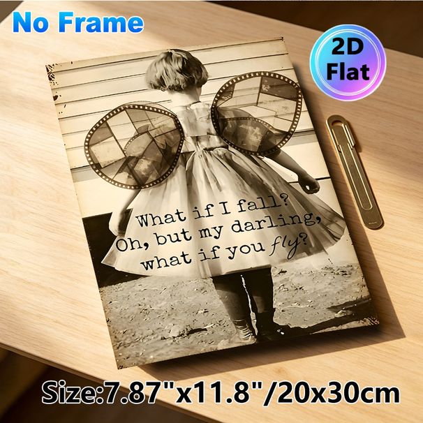 Inspirational Quote Fairy Girl Painting Poster, Vintage Monochrome Poster, Motivational Message With Girl In Dress & Film-strip Wings, Uplifting Decor_maomaolike.com