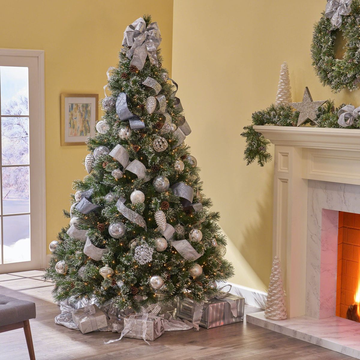 9' Cashmere And Snow Bristle Mixed Tree With 105 Pine Cones And 1200Clear Lights-UL,2317tips,Dia:69_maomaolike.com