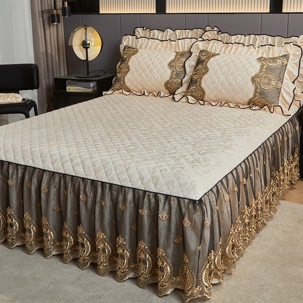 European Style Velvet Quilted Skirt Piece Winter Machine Washable Mattress Dustproof Bed Cover Single Person 1.68m_maomaolike.com