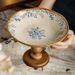 9-Inch Vintage Pedestal Fruit Bowl - Hand-Painted Blue Hibiscus Ceramic On Solid Wood Base, Elegant Serving Tray For_maomaolike.com