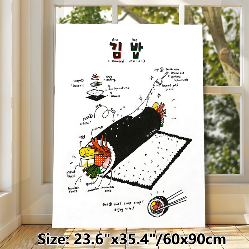 Kimbap Making Guide Painting Poster, Vibrant Hand-drawn Illustrated Seaweed Rice Roll Making Steps Poster, Practical Cooking Instruction Ideal For_maomaolike.com