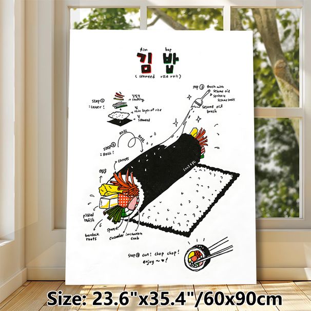 Kimbap Making Guide Painting Poster, Vibrant Hand-drawn Illustrated Seaweed Rice Roll Making Steps Poster, Practical Cooking Instruction Ideal For_maomaolike.com