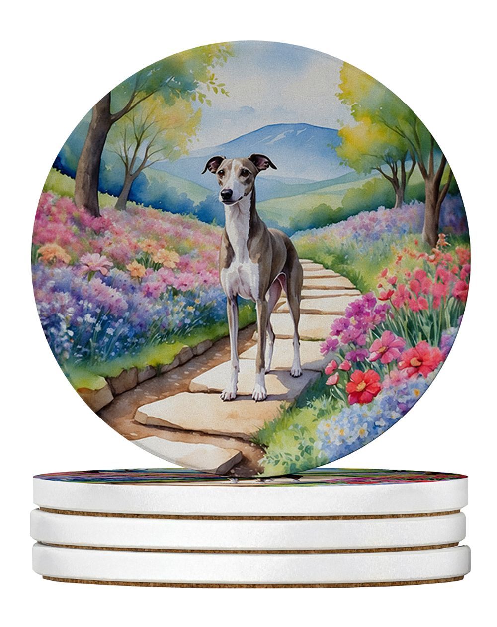 Whippet Spring Path Large Sandstone Coasters Pack Of 4 Absorbent Round Coasters Decor Gifts For Men Or Women, 4 In, Multicolor_maomaolike.com