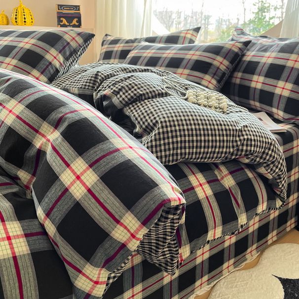 Minimalist Style All-Cotton Washed Four-Piece Pure Cotton Thickened Duvet Cover Japanese Plaid Sheet Bed Skirt Three-Piece Set Who_maomaolike.com