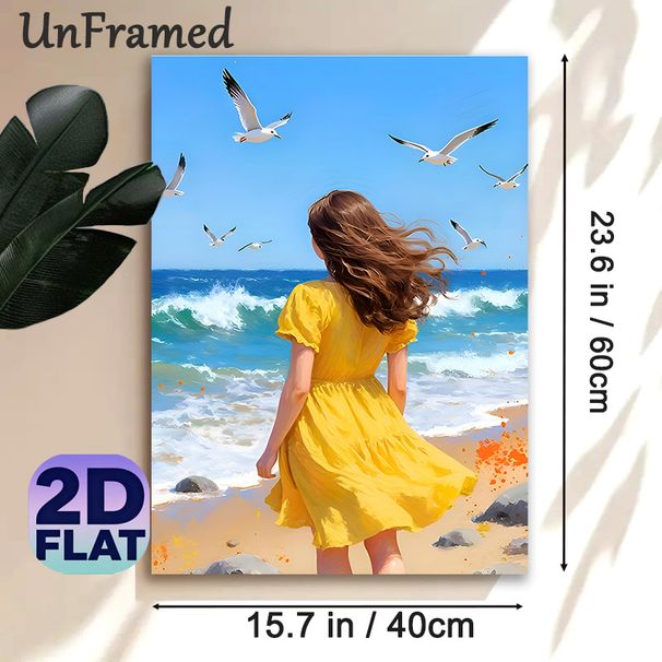 Seaside Girl Painting Poster, Vivid Oil-style Coastal Scene Poster, Calming Ocean View With Flying Seagulls, Ideal For Bedroom, Living Room And_maomaolike.com
