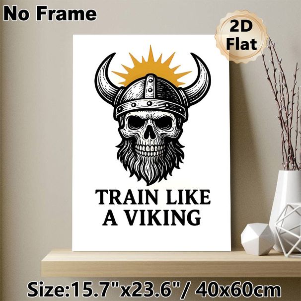 Viking Skull Motivational Painting Poster, Vintage Monochrome Horned Helmet Skull With Beard Poster, Inspiring "Train Like A Viking" Design, Ideal For_maomaolike.com