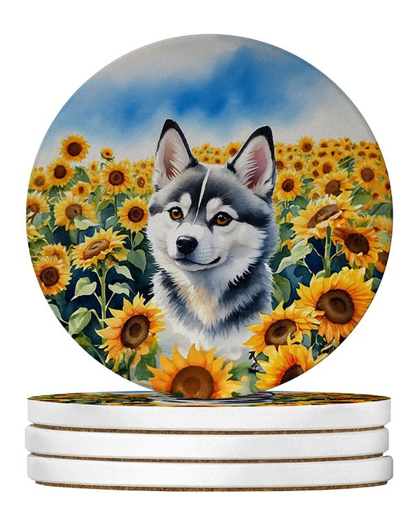 Alaskan Klee Kai In Sunflowers Large Sandstone Coasters Pack Of 4 Absorbent Round Coasters Decor Gifts For Men Or Women, 4 In, Multicolor_maomaolike.com