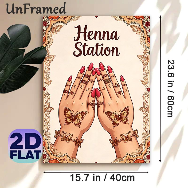 Henna Station Painting Poster, Exquisite Ethnic Style Poster, Intricate Butterfly Henna Hand Art, Functional Sign For Henna Service Stations, Suitable_maomaolike.com